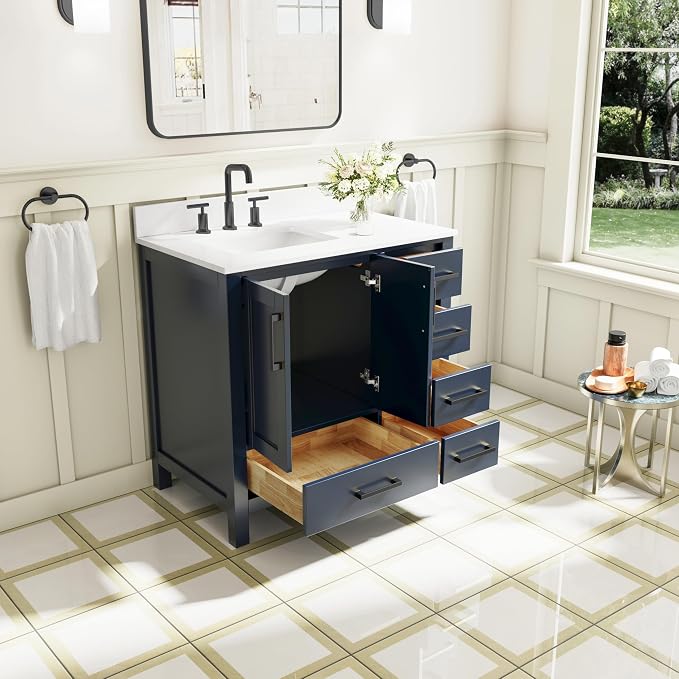 36-Inch Bathroom Vanity with Sink, 2 Soft-Close Doors and 5 Soft-Close Drawers, Bathroom Freestanding Vanity with Cultured Marble Countertop, Bathroom Navy Blue Vanity With Matte Black Handles