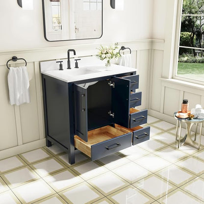 36-Inch Bathroom Vanity with Sink, 2 Soft-Close Doors and 5 Soft-Close Drawers, Bathroom Freestanding Vanity with Cultured Marble Countertop, Bathroom Navy Blue Vanity With Matte Black Handles