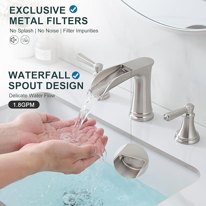 8 Inch Brushed Nickel Bathroom Faucet Widespread, Brass Waterfall Faucet for Bathroom Sink 3 Hole 2 Handle with Pop up Drain & Pre-Installed cUPC Supply Pipe for Restroom, 10 Mins Install