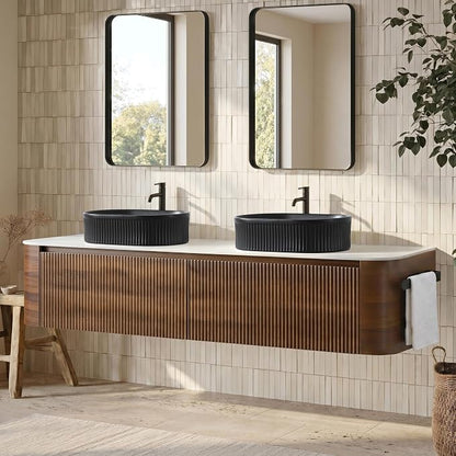 72" Floating Bathroom Vanity with Double Black Sink, Walnut | Pre-Assembled Fluted Wall Mounted Vanity with Ceramic Sink, Sintered Stone Countertop, Soft-Close Drawers & Towel Rack