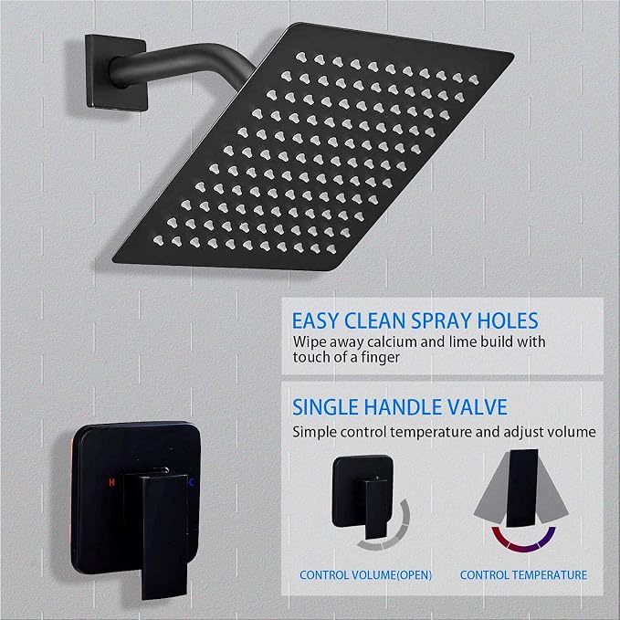 Black Shower Faucet GGStudy Single Function Shower Trim Kit with Rough-in Valve Shower Set Bath Rainfall Shower Faucet System 8inch Square Stainless Steel Metal Shower Head