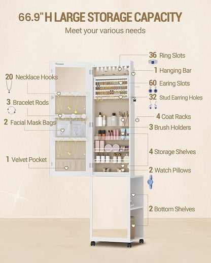 Hzuaneri 8 LEDs Jewelry Cabinet Armoire, 66.9-inch Jewelry Organizer | Lockable Full-length Mirror with Garment Rack & 4 Wheels, Storage Shelves with Hooks, 5-in-1, White and Beige JC17003BE