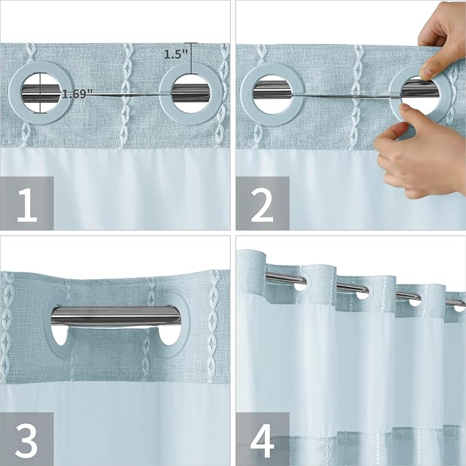 eachope No Hook Extra Long Shower Curtain Set with Snap-in Liner,Linen Textured Thick Striped Fabric with Tassels,Boho Chic Modern Farmhouse Bathroom Curtain,Water-Repellent,Fog Blue,71x86 | 330GSM Thick Linen Textured Striped Fabric with Tassels,Snap-...