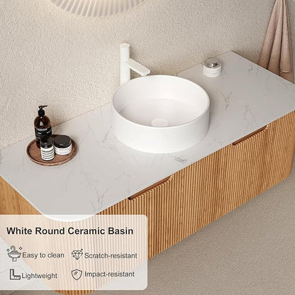 48" Bathroom Vanity with Sink, Floating Plywood Bathroom Vanities with Ultra-Thin Ceramic Basin and Marble Top, 2 Large Soft-Closing Storage Drawers, Pre-Assembled Cabinet, Nature Wood