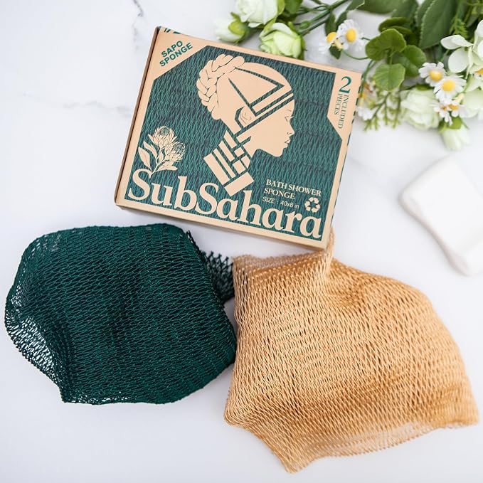 Authentic African Net Sponge, 2 Pack 45-Inch Exfoliating Bath Sponge and Shower Loofah for Body and Back, Colorfast Quick-Dry Knotted Mesh Scrubber with Travel Pouch (Golden & Forest Green)