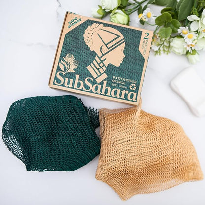 Authentic African Net Sponge, 2 Pack 45-Inch Exfoliating Bath Sponge and Shower Loofah for Body and Back, Colorfast Quick-Dry Knotted Mesh Scrubber with Travel Pouch (Golden & Forest Green)