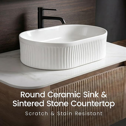 36" Preassembled Floating Bathroom Vanity with White Sink, Oak | Mid-Century Modern Style, Fluted & Soft-Close Drawer with U-shaped Wall, Sinterted Stone Countertop, Towel Rack Included