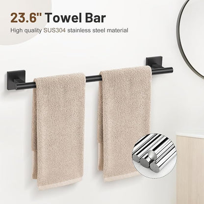 Lairuier Matte Black Bathroom Accessories, Towel Bar Set Wall Mounted | 5 Pieces Bathroom Hardware Set, SUS304 Stainless Steel Double Base 23.6" Towel Bar, Towel Ring, Toilet Paper Holder & Hooks