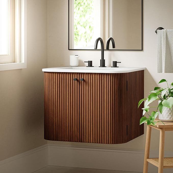 Modway Zia 24 inch Wall-Mount Bathroom Vanity in Walnut with Marble Sink Basin - Floating Bathroom Cabinet with Fluted Design