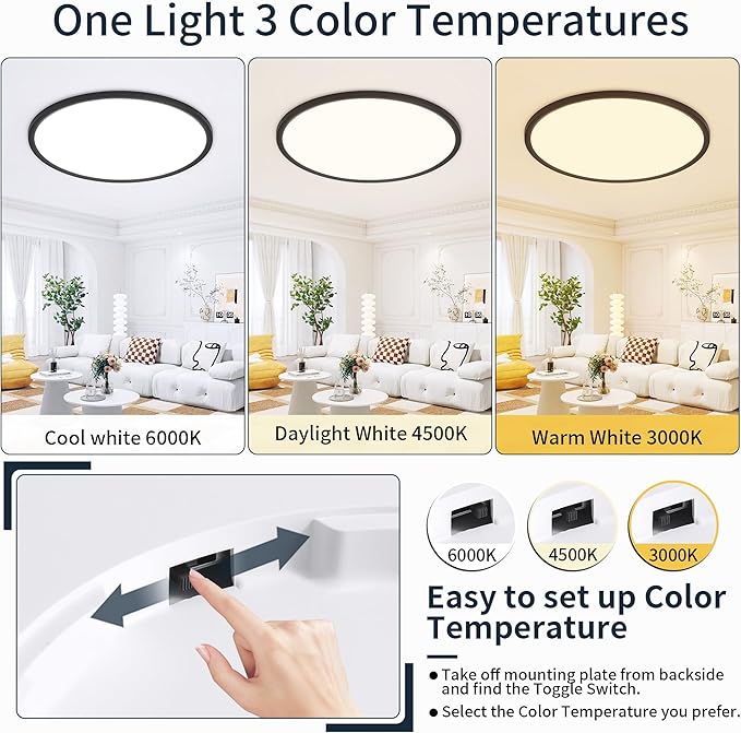MOONSEA 16 Inch Flush Mount Ceiling Light Fixture 28W - LED Ceiling Kitchen Lights Fixtures 2800lm, 3000K/4500K/6000K Adjustable Light Fixture Ceiling Mount, Dimmable Thin Light for Bathroom,Black