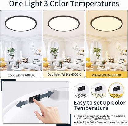 MOONSEA 16 Inch Flush Mount Ceiling Light Fixture 28W - LED Ceiling Kitchen Lights Fixtures 2800lm, 3000K/4500K/6000K Adjustable Light Fixture Ceiling Mount, Dimmable Thin Light for Bathroom,Black