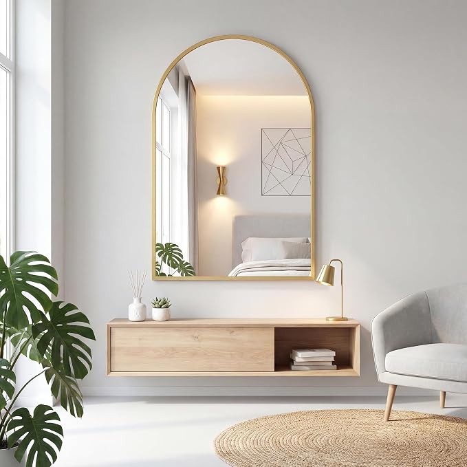 DUMOS 26"x38" Arched Wall Mirror, Bathroom Mirrors for Over Sink, Gold | Tempered Glass & Anti Rust Metal Frame, Decor for Entryway, Living Room, Bedroom, Vanity