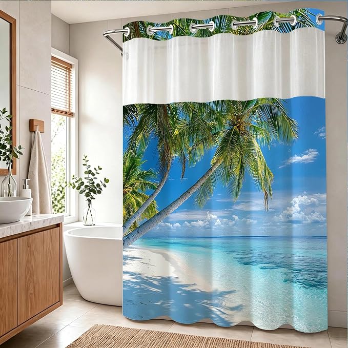 Ocean Summer Beach No Hook Shower Curtain Luxury Tropical Palm Tree Scenic | Nature No Hook Shower Curtain with Snap in Liner, Waterproof Ringless Shower Curtains for Bathroom 72x74 Inch Blue