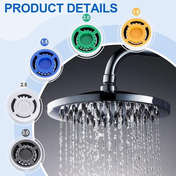 PAGOW 10pcs Shower Flow Reducer Limiter, gpm 1.5 1.8 2.0 2.5 3.0 | Water Saver Adapter Set for Handheld Shower, Bathroom, Toilet (0.56x0.54 x 0.21inch)