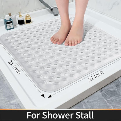 Yimobra Square Shower Mat Non Slip, Super Strong Suction Cups, 21"X21" Bath Tub Mat with Drain Holes, Machine Washable Fast Draining Bath Mats, Bathroom Essentials,Clear