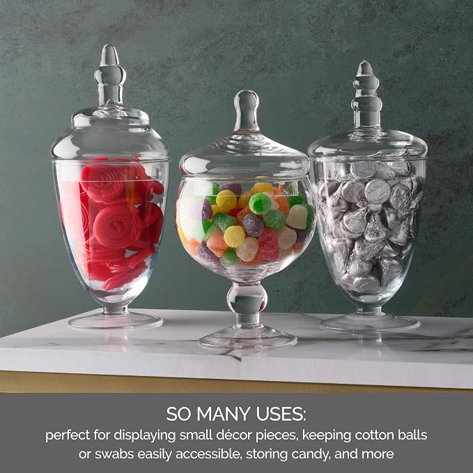 Elements Clear Glass Apothecary Jar Set of 3 with Lids - Decorative Glass Jars for Bathroom, Kitchen, Pantry Storage - Handcrafted, Graduated Heights 10, 9.5, 8.5 In