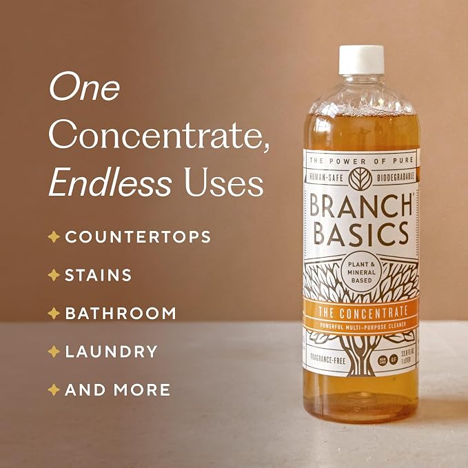 Branch Basics Cleaning Essentials Kit: All Purpose, Glass, Bathroom Cleaner | Plant-Based, Human-Safe, Fragrance-Free. Comes with Concentrate (33.8 oz) + Refillable Plastic Bottles (24 oz). 17 Refills