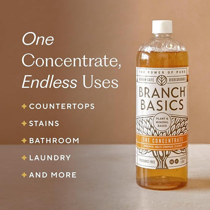 Branch Basics Cleaning Essentials Kit: All Purpose, Glass, Bathroom Cleaner | Plant-Based, Human-Safe, Fragrance-Free. Comes with Concentrate (33.8 oz) + Refillable Glass Bottles (16 oz). 24 Refills