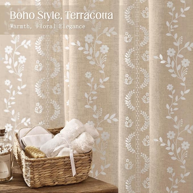 Vintage Boho Beige Shower Curtain, Floral Linen Patterned Shower Curtains for Bathroom with Tassels, 72 x 72
