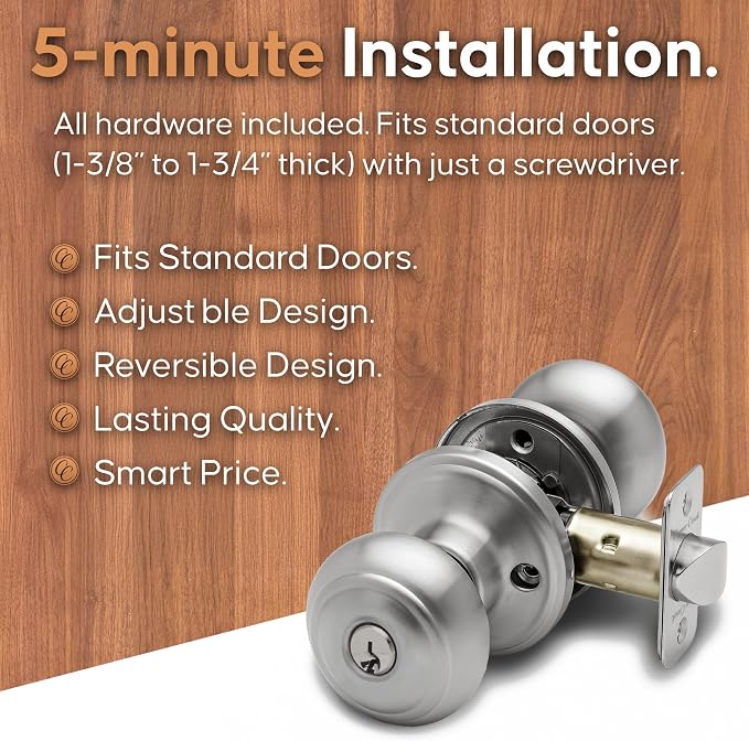Copper Creek Colonial Entry Door Knob – Keyed Entry Handle with Lock and Key, ANSI Grade-3 Certified, DIY-Friendly Install for Interior and Exterior Entrance Doors – Satin Stainless (3 Pack)