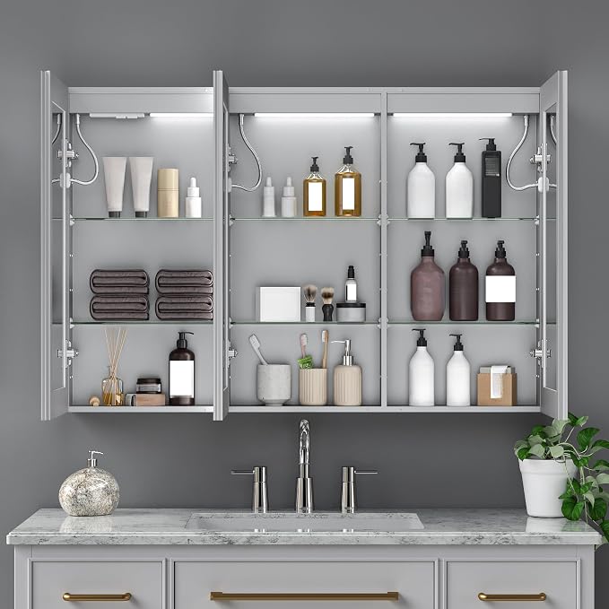 48"W x 32"H LED Medicine Cabinet with Mirror, 3-Door, Anti-Fog, Bathroom | 3-Color Stepless Dimming, 10-Level Brightness, Touch Control, Adjustable Shelves, DTC Soft-Close Hinges, for Vanity