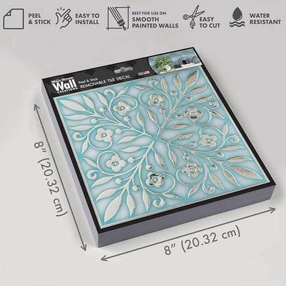 Main Street Peel and Stick Wallpaper Tiles, Teal & Silver Leaves, 24-Pack | 8"x8" tiles, covers 10.67 sq ft. Peel-and-stick paper, no extra adhesive needed. Ideal for backsplashes & DIY projects.