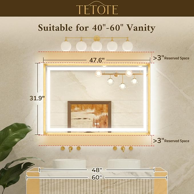 48 x 32 Bathroom LED Mirror Silver Metal Frame Frontlit & Backlit Vanity Mirror Stepless Dimmable Anti-Fog 3 Colors White/Warm/Natural Light up Vanity Mirror