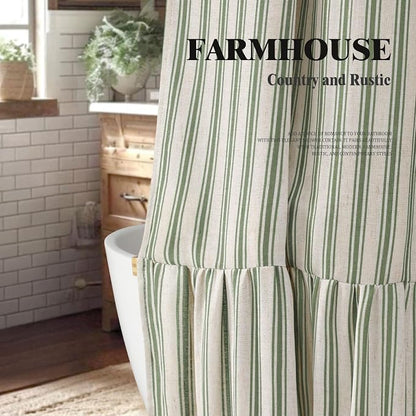 Farmhouse Shower Curtain Ruffle Linen Cream-Green Stripe 72"W x 96"L | Farmhouse Boho, Striped, Bottom Ruffle, Linen Fabric, Rustic, Country, Natural Look, Washable, for Bathroom Bathtub