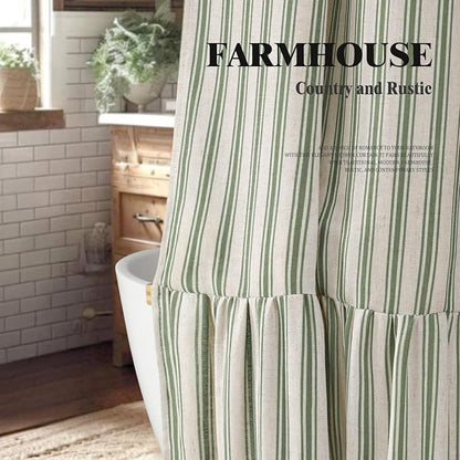 Farmhouse Shower Curtain Ruffle Linen Cream-Green Stripe 72"W x 78"L | Farmhouse Boho, Striped, Bottom Ruffle, Linen Fabric, Rustic, Country, Natural Look, Washable, for Bathroom Bathtub