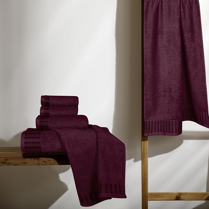 Ultra Soft 6 Pack Cotton Towel Set, Contains 2 Bath Towels 28x55 inch, 2 Hand Towels 16x24 inch & 2 Wash Coths 12x12 inch, Ideal Everyday use, Compact & Lightweight - Burgundy
