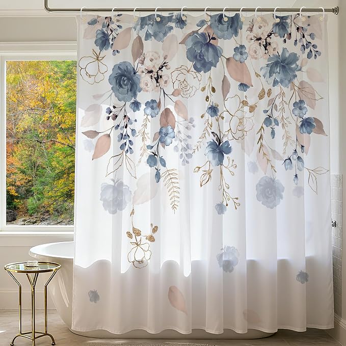 Blue Floral Flower Shower Curtain, Boho Curtain Set with 12PCS Hooks,Minimalist Watercolor Plant Eucalyptus Leaf Country Pretty Bath Bathtub Set Accessories Home Decor, 72 x 72 Inch (6-Flower B)