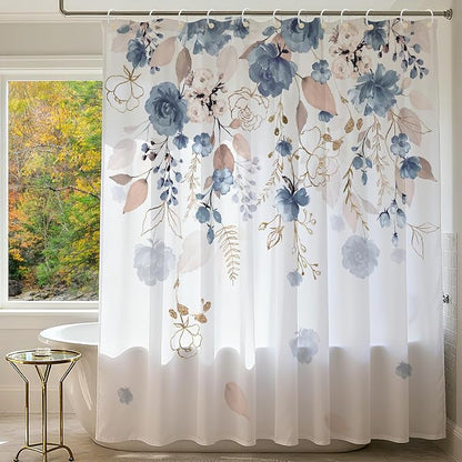 Blue Floral Flower Shower Curtain, Boho Curtain Set with 12PCS Hooks,Minimalist Watercolor Plant Eucalyptus Leaf Country Pretty Bath Bathtub Set Accessories Home Decor, 72 x 72 Inch (6-Flower B)