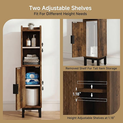 Small Bathroom Storage Cabinet, Corner Narrow Toilet Paper Floor Cabinet with Door and Shelves,Bathroom Organizer with Adjustable Shelf, for Small Spaces (Rustic Brown, 4-Tier)