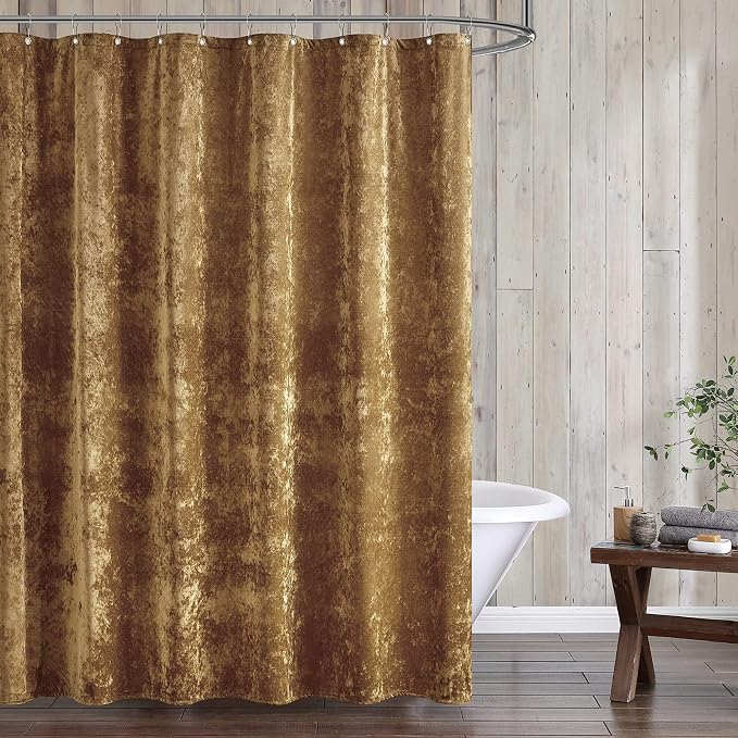 Fredsure Distressed Velvet Shower Curtain Set, 13 Pieces Caramel Gold Including1 Piece 72"x72" Shower Curtain and 12 Pieces Silver Hooks