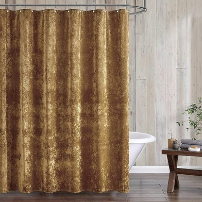 Fredsure Distressed Velvet Shower Curtain Set, 13 Pieces Caramel Gold Including1 Piece 72"x72" Shower Curtain and 12 Pieces Silver Hooks