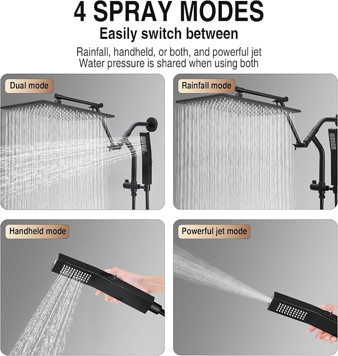 All Metal 12 Inch Rain Shower Head with Handheld Built-in Power Wash Mode, High Pressure Waterfall Rainfall Square Shower Heads with 16" Adjustable Extension Arm, Dual Showerhead, Matte Black