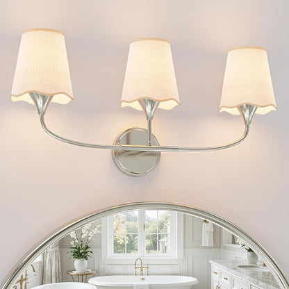 Morauroral Bathroom Light Fixtures Over Mirror, 3 Light Vanity Light for Bathroom, Brushed Nickel Vanity Light Fixtures with Fabric Linen Shade, E26 Socket Sconce Wall Decor(ETL Listed)