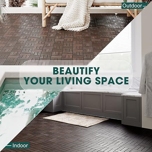 IDZO Interlocking Deck Tiles - 10PCS Waterproof Acacia Wood Patio Tiles, Flooring Tiles for Both Indoor and Outdoor - Decking Checker Pattern, 12 x 12 x 0.9 Inches, Dark Brown