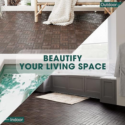 IDZO Interlocking Deck Tiles - 10PCS Waterproof Acacia Wood Patio Tiles, Flooring Tiles for Both Indoor and Outdoor - Decking Checker Pattern, 12 x 12 x 0.9 Inches, Dark Brown