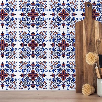 DICOFUN 32 Colorful Talavera Mexican Tile Peel and Stick Backsplash, 6" x 6" Waterproof Stick on Wall Tiles (Style 5)