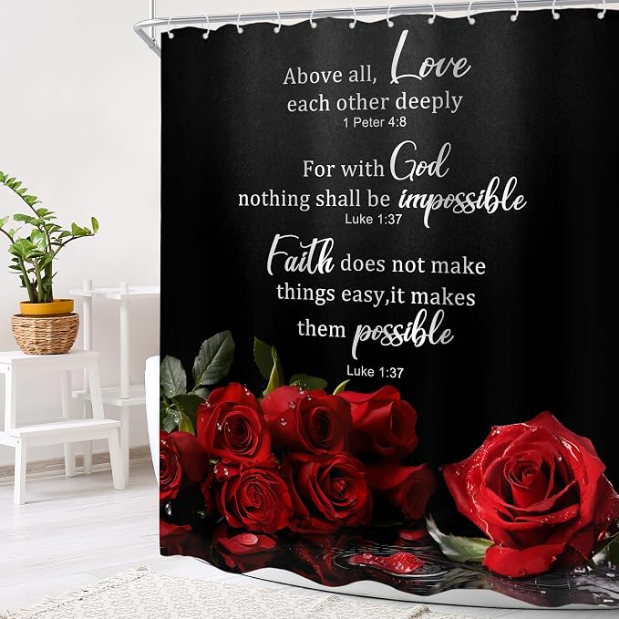 Black Red Rose Floral Christian Women Vintage Bathroom Shower Curtain Set | 60"W x 72"H Flower Inspirational; waterproof HD print, quick-dry fabric and plastic hooks for easy setup.