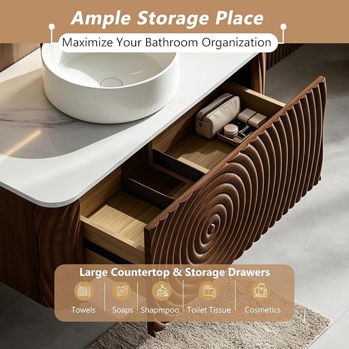 72" Floating Bathroom Vanity with Double Sink, Mid-Century Wall Mounted Bathroom Vanity Cabinet with Wood Waved Decor, Ceramic Vessel Basin, Sintered Stone Top, Soft Close Drawer, Side Open Cube