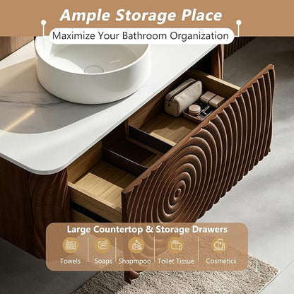 72" Floating Bathroom Vanity with Double Sink, Mid-Century Wall Mounted Bathroom Vanity Cabinet with Wood Waved Decor, Ceramic Vessel Basin, Sintered Stone Top, Soft Close Drawer, Side Open Cube
