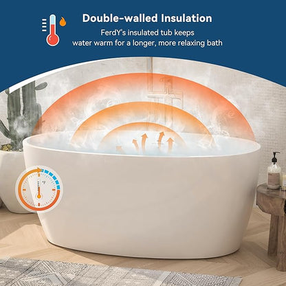 FerdY Tahiti 55" Acrylic Freestanding Bathtub, Elegant Oval Shape Soaking Bathtub, Glossy White, Brushed Gold Drain & Integrated Slotted Overflow Assembly Included cUPC Certified