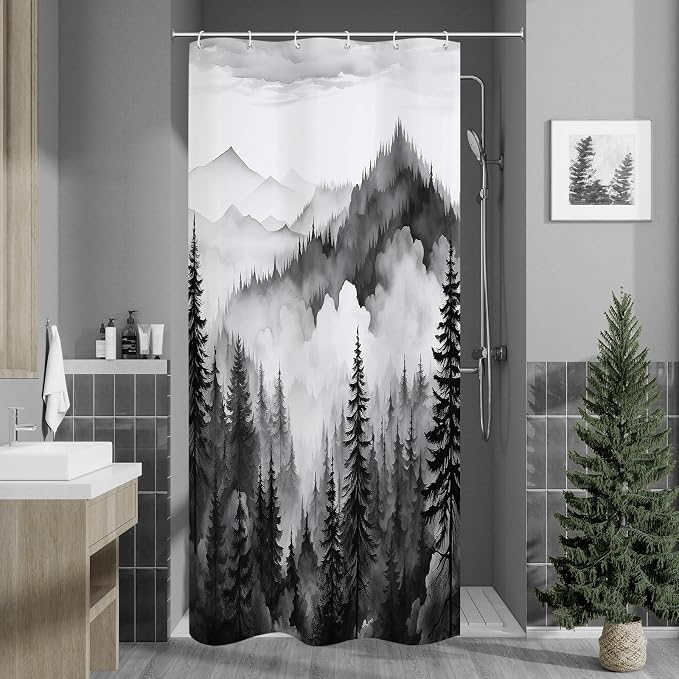 Litabel Black Small Stall Misty Pine Forest Shower Curtain 36 x 72, Mountain Foggy Woodland Scenery Tree Narrow Half Size Shower Curtains for Bathroom, Abstract Waterproof Nature-Themed Decor