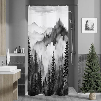 Litabel Black Small Stall Misty Pine Forest Shower Curtain 36 x 72, Mountain Foggy Woodland Scenery Tree Narrow Half Size Shower Curtains for Bathroom, Abstract Waterproof Nature-Themed Decor