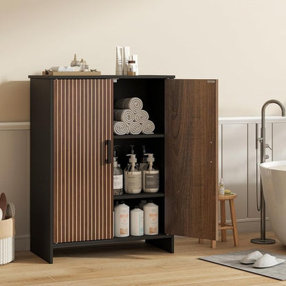 Bathroom Storage Cabinet, Floor Cabinet with 2 Fluted Doors and 2 Adjustable Shelves Wooden Freestanding Organizers and Storage, Black