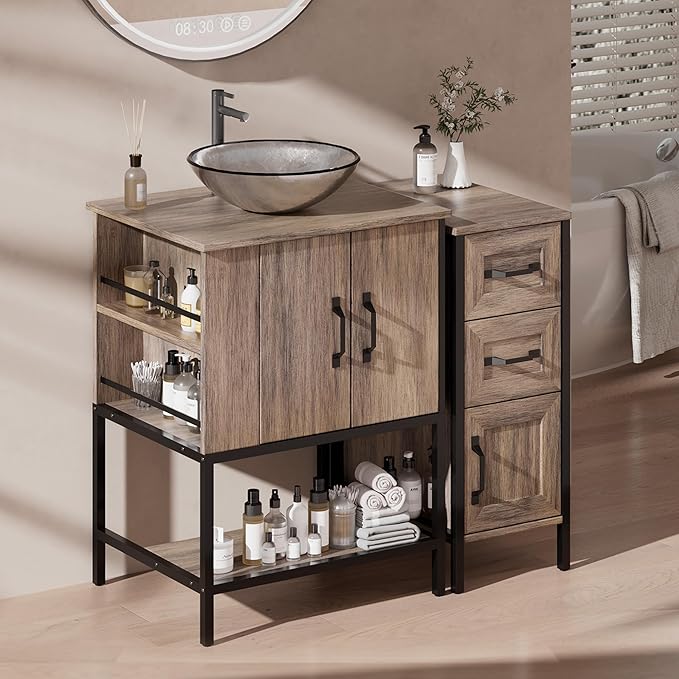 VNN Bathroom Vanity with Sink - 36 Inch Bathroom Vanity with Sink, Open Shelves and 3 Storage Drawers Side Cabinet, Modern Iron Wood Cabinet with Countertop Tempered Glass Vessel, Grey