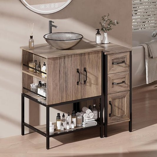 VNN Bathroom Vanity with Sink - 36 Inch Bathroom Vanity with Sink, Open Shelves and 3 Storage Drawers Side Cabinet, Modern Iron Wood Cabinet with Countertop Tempered Glass Vessel, Grey