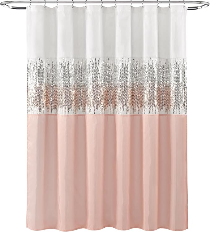 Lush Decor Night Sky Shower Curtain, Single, 72" W x 72" L, White & Blush - Sequin Shower Curtain - Sparkly Color Block Bath Curtain - Modern Glam Bathroom Decor